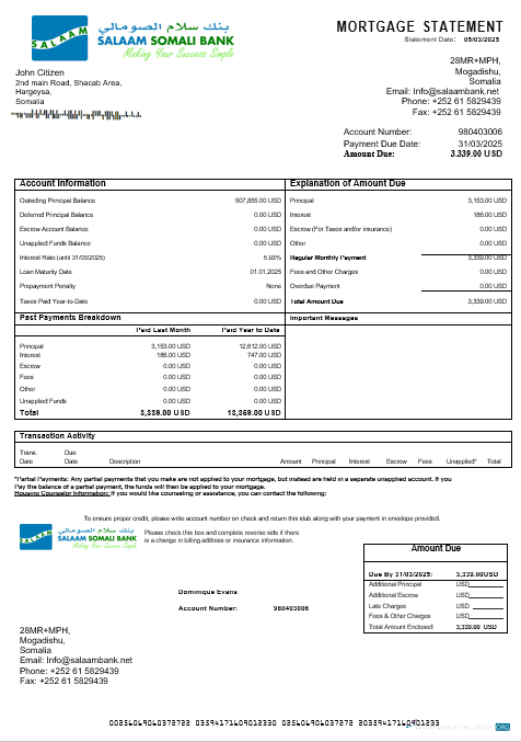 Download Somali Salaam Somali bank mortgage statement in Word and PDF formats Photoshop template